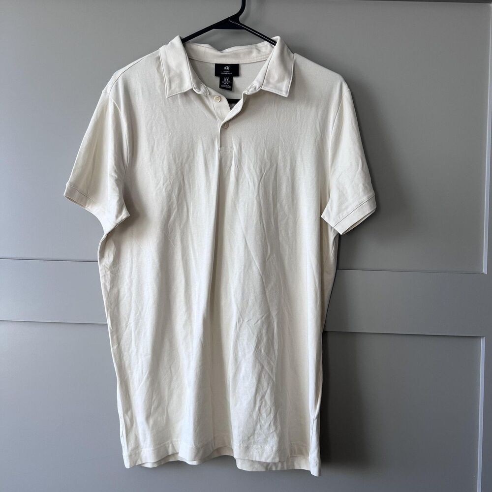 H&M Polo Shirt Mens Medium Beige Cream Slim Fit Short Sleeve Solid Casual Collar